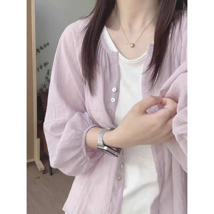 紫色天丝亚麻短防晒衬衫女夏季小个子外搭开衫上衣轻薄款罩衫外套
