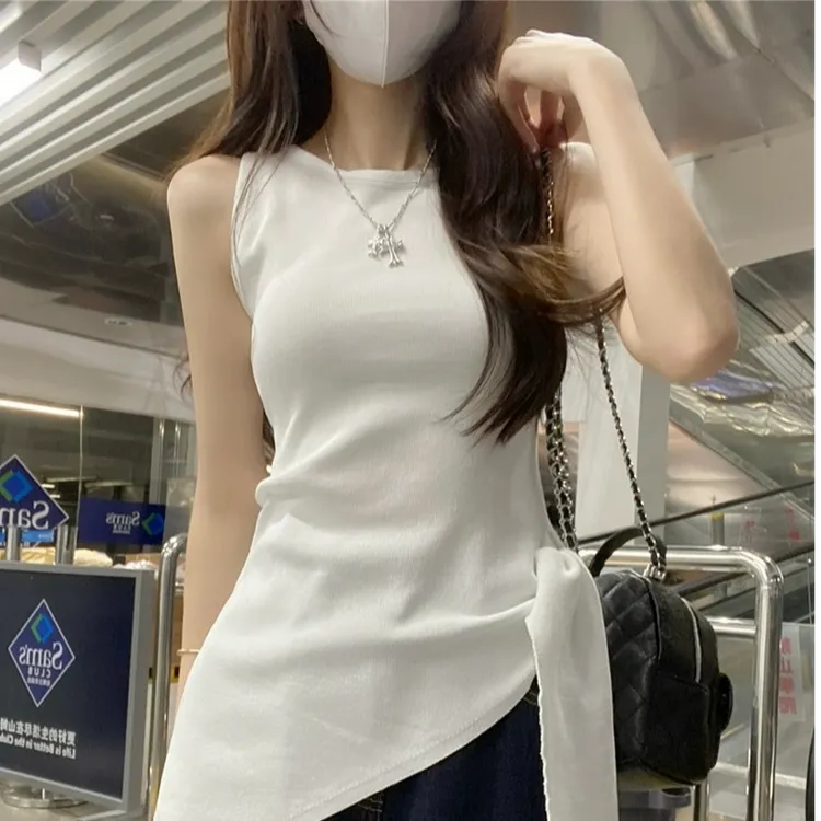  夏季吊带背心女通勤开叉绑带辣妹收腰气质设计感不规则针织上衣