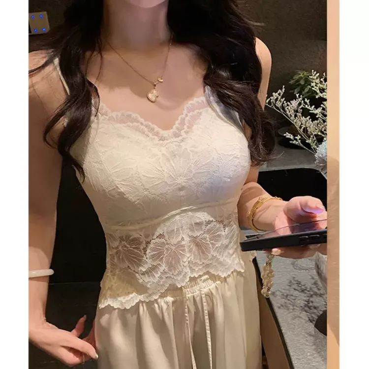 [画境月白] 蝴蝶花无痕性感夏季蕾丝吊带女背心带胸垫可外穿美背