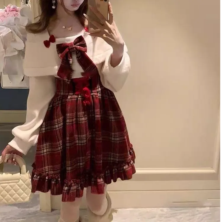 现货秋冬红色格子新年暖色圣诞可爱甜美一字肩红格子复古连衣裙jk