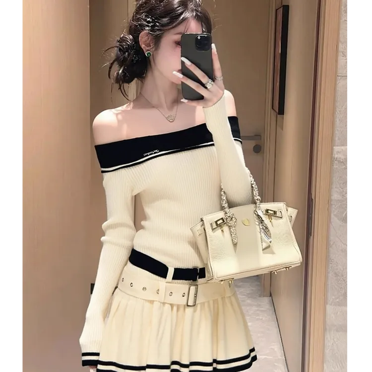 2025秋冬小个子穿搭高端精致高级感重要场合绝美一字肩针织连衣裙