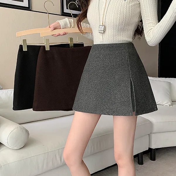 【wy】双层开叉设计毛呢半身裙裤冬季大码女装显瘦裙裤3826