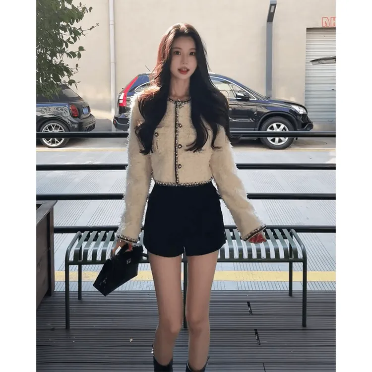 韩系复古休闲长袖外套女秋季小香风显瘦百搭开衫上衣高腰显瘦短裤