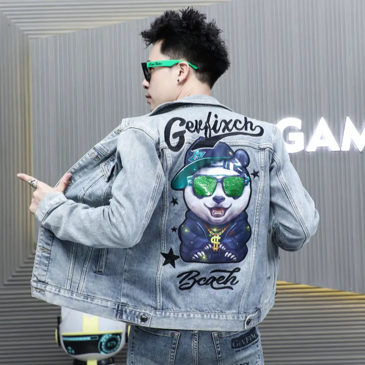 保登皮兹休闲牛仔外套男秋新款韩版潮流潮牌宽松男士刺绣翻领夹克