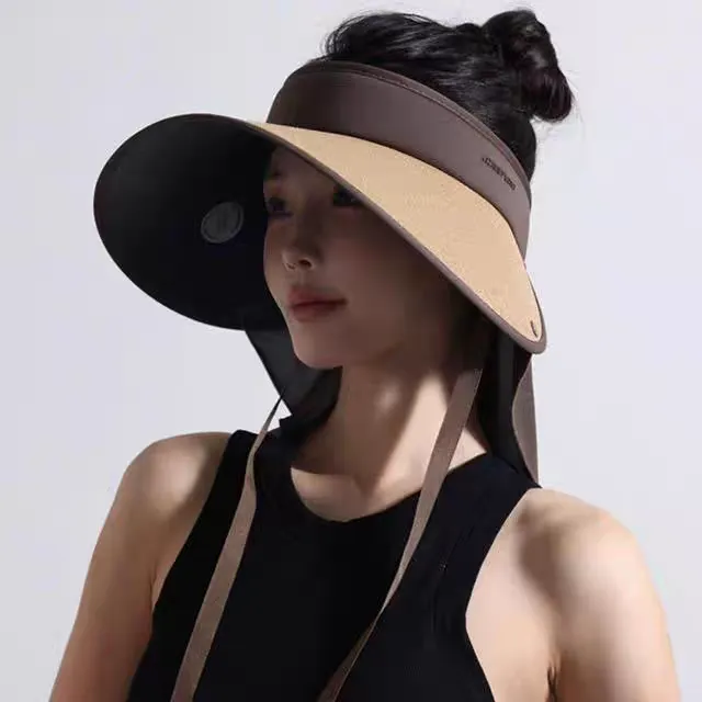 夏季升级加大帽檐带护颈设计可折叠沙滩防晒空顶帽女夏遮脸遮阳帽