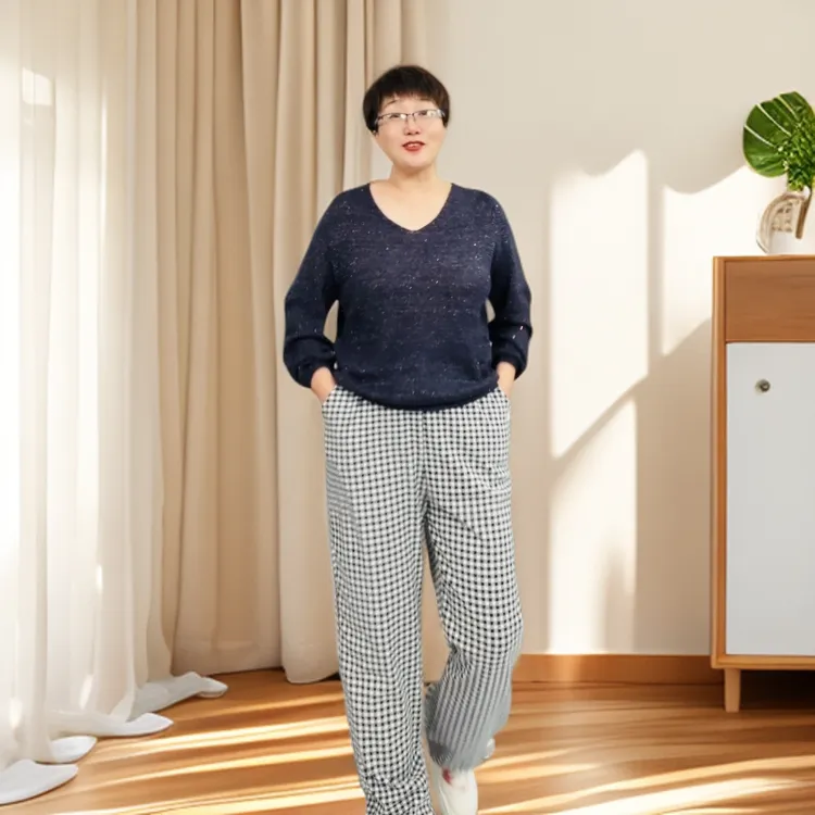 小方格大码糥米容德容睡裤家居外出穿阔腿裤女家居服长裤休闲裤
