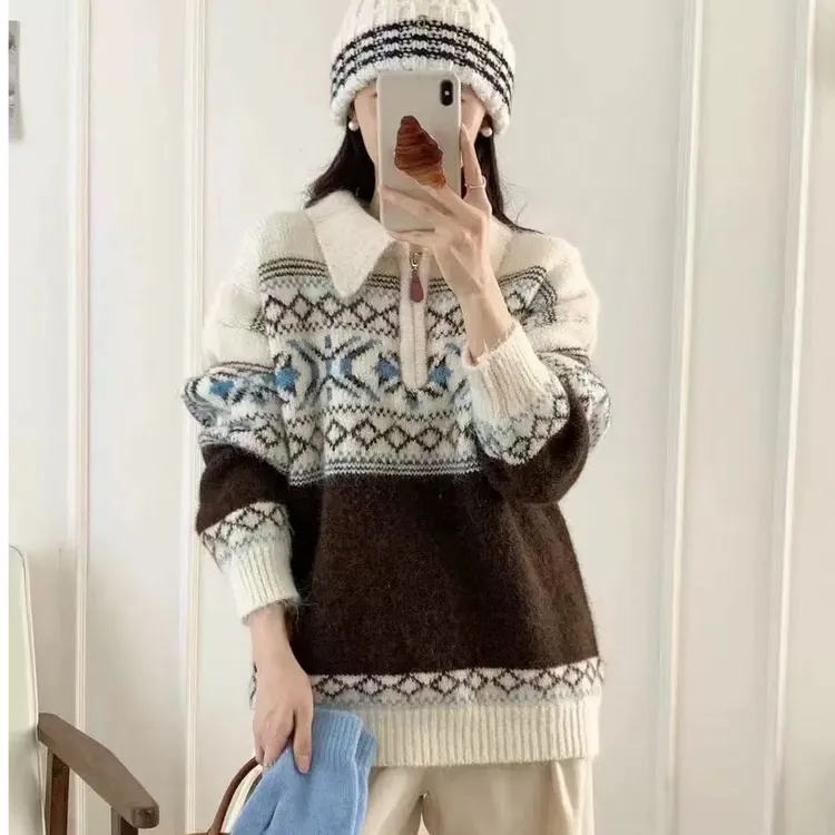 复古费尔岛半拉链毛衣女秋冬大码宽松高级感软糯翻领针织衫上衣