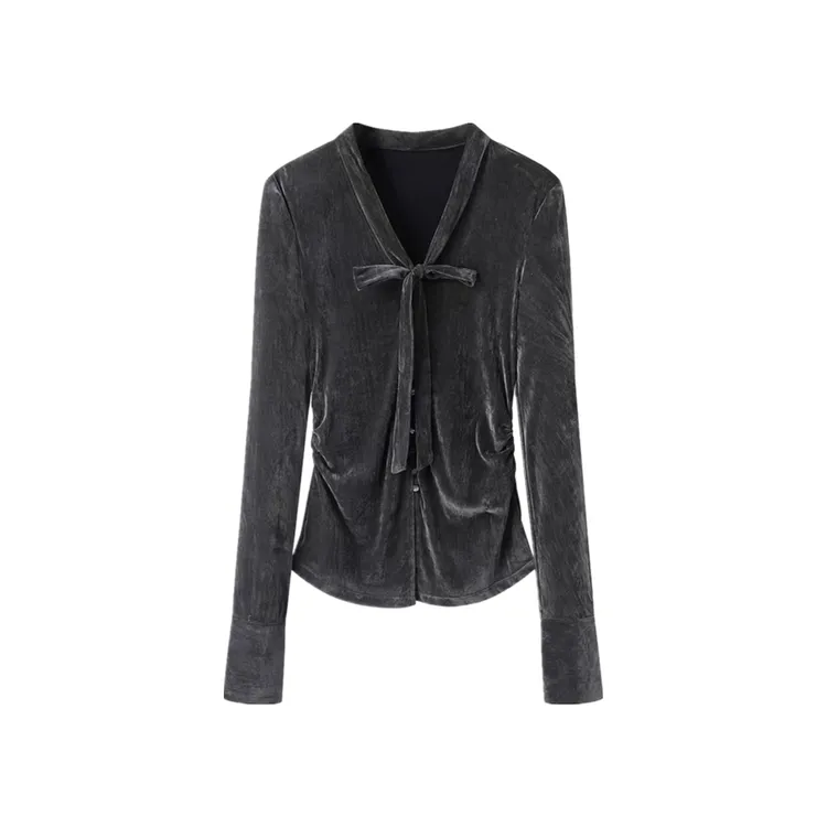 艾家2025秋款修身丝绒单排扣显瘦百搭长袖T恤女打底衫上衣女6011