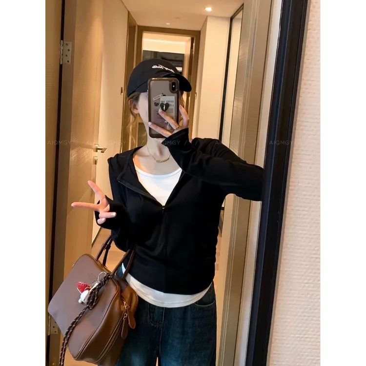 秋季新款韩版设计修身百搭日常显瘦撞色假两件连帽长袖t恤女2399