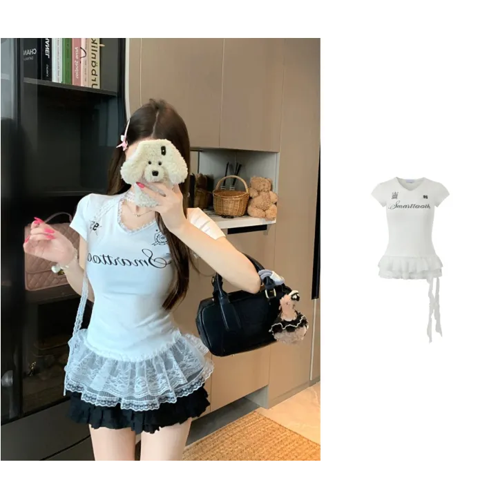 美式蕾丝花边拼接V领短袖t恤女夏季白色修身显瘦正肩短款辣妹上衣