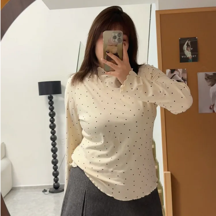 2025年大码女装冬季新款设计感半高领木耳边波点长袖打底上衣3838