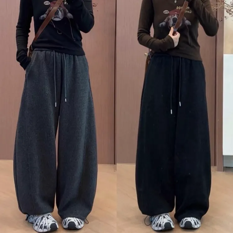 加绒休闲裤女遮胯弯刀裤宽松阔腿裤梨型身材高腰显瘦直筒束脚裤