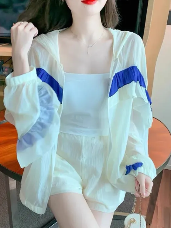 336 夏季新款撞色拼接防晒服套装女荷叶领连帽上衣短裤休闲两件套
