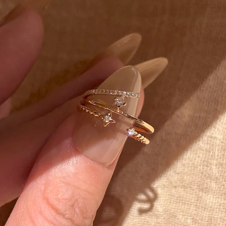 铜合金戒指 爆闪香槟金色双层星芒戒指轻奢气质高级感叠戴食指戒