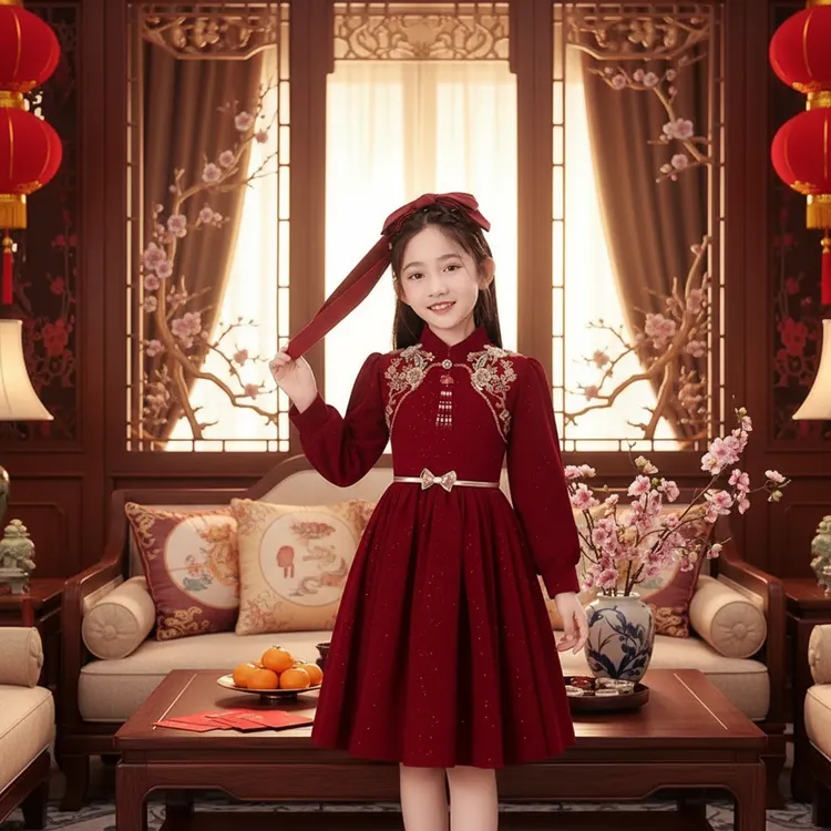 女童连衣裙礼服秋冬季钢琴演出小女孩旗袍裙儿童红色拜年服公主裙