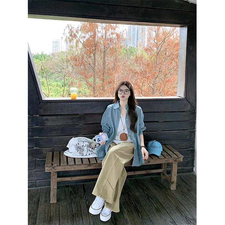套装女春秋2025韩系穿搭蓝色格子polo领长袖衬衫外套卡其色休闲裤