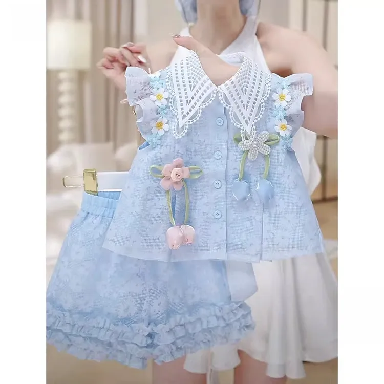 女童飞袖短裤套装2025夏季女孩花边翻领衬衫木耳边裙裤露背蝴蝶结