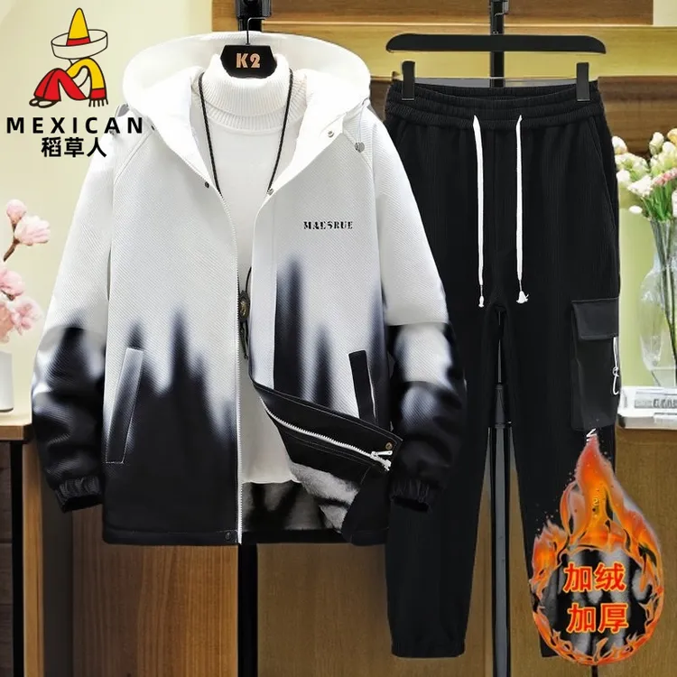 稻草人男士休闲运动套装秋冬季宽松韩版潮流帅气夹克加绒时尚男装