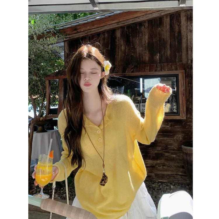 亨利领微透针织衫女卷边长袖防晒外套宽松空调罩衫