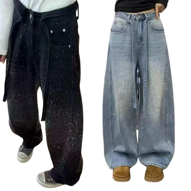 美式早春满天星时尚阔腿牛仔裤新款梨形不贴腿百搭显瘦高腰抽绳裤