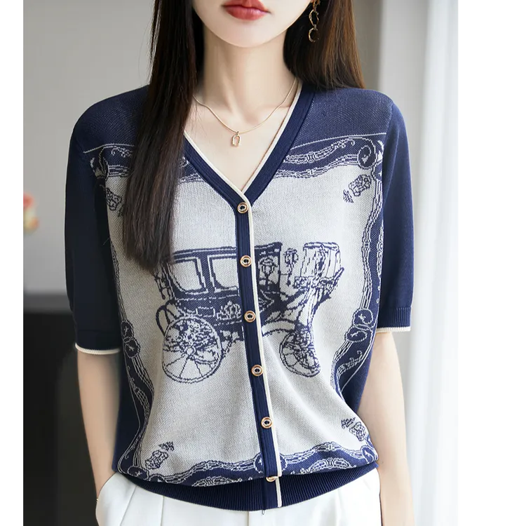 莱赛尔天丝复古马车提花V领2025夏季新款针织假开衫薄款中袖女T恤