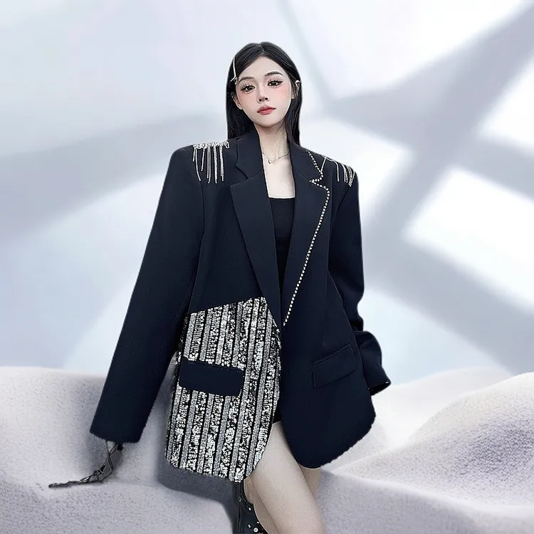 亮片设计西装外套气质网红休闲洋气百搭黑色西服小众设计感炸街