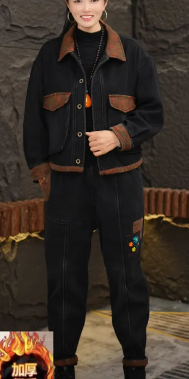 早春新款高温砂洗软牛仔加绒加厚套装宽松休闲拼接时尚中老年妈妈