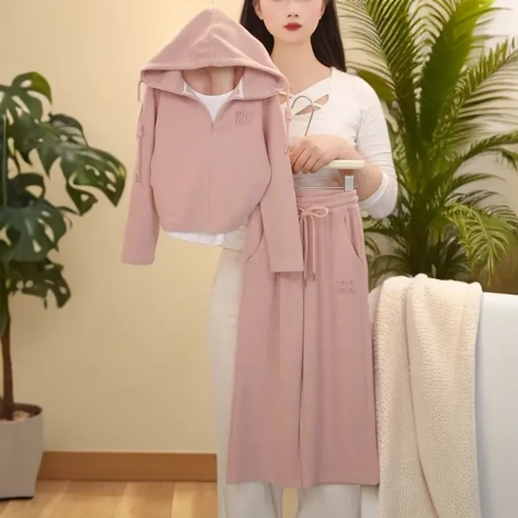 D女童2025秋季新款时尚假两件拉链连帽卫衣卫裤套装中大童百搭长