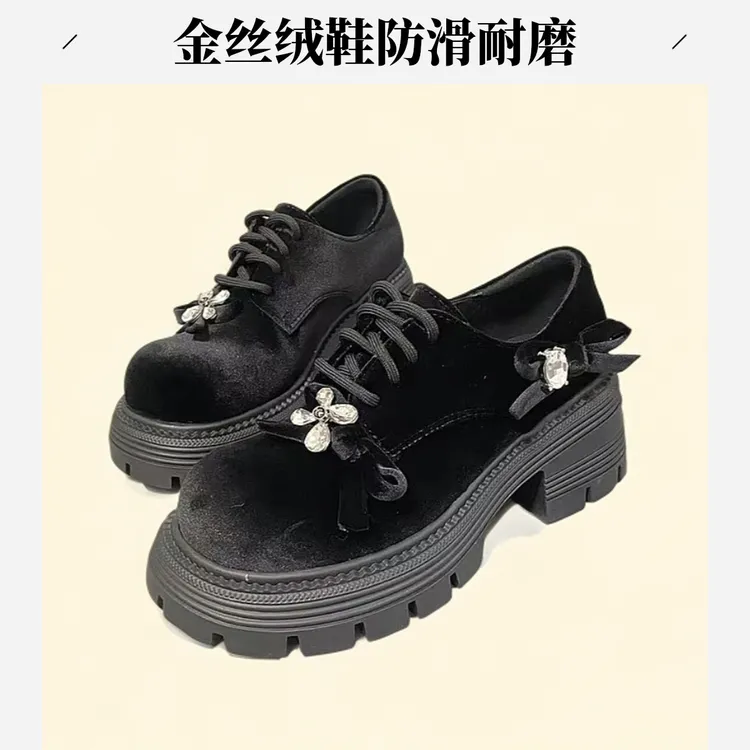 幕一女鞋2025新款经典黑色金丝绒橡胶厚底防滑耐磨百搭水钻蝴蝶结