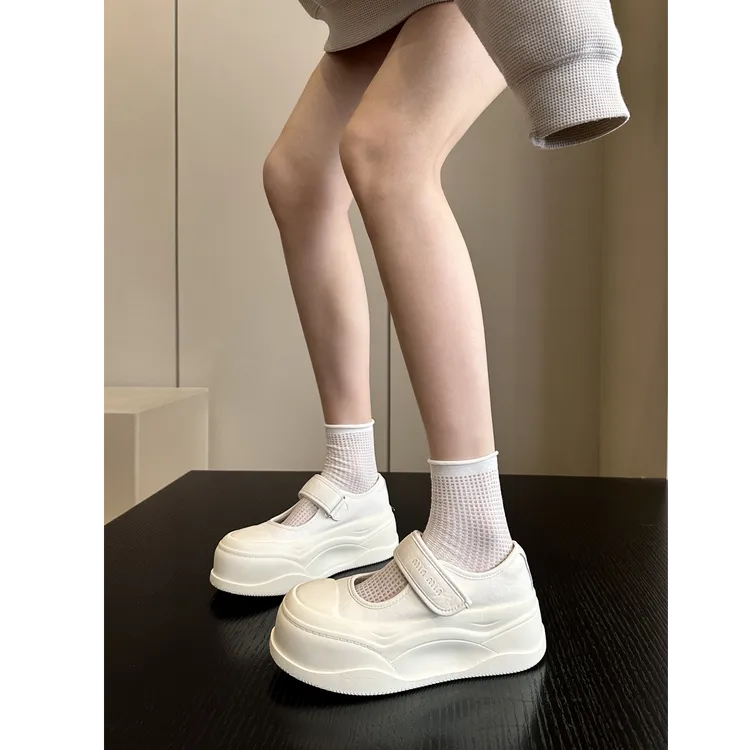 现货发6CM~韩版甜酷全皮厚底休闲运动玛丽珍鞋女小白鞋配裙子板鞋