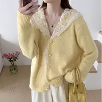 大码女装春季新款胖MM减龄毛衣蕾丝拼接连帽针织开衫上衣2411