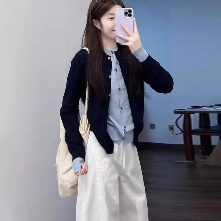 学院小香风蓝色针织开衫假两件女2025新款早秋韩系穿搭高级感外套