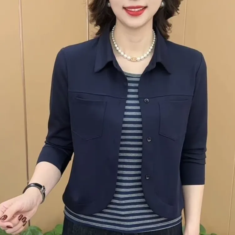 秋季新款时尚翻领假两件洋气妈妈装修身显瘦休闲长袖上衣