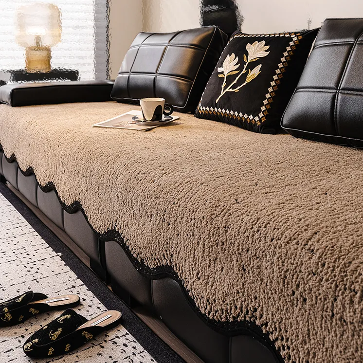 麦颜秋冬季美拉德咖色沙发垫2025新款毛绒简约高级感坐垫防滑盖布