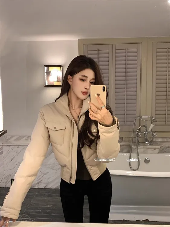 米杏色立领棉服女短款外套新款冬季韩系小个子收腰显瘦加厚棉衣袄