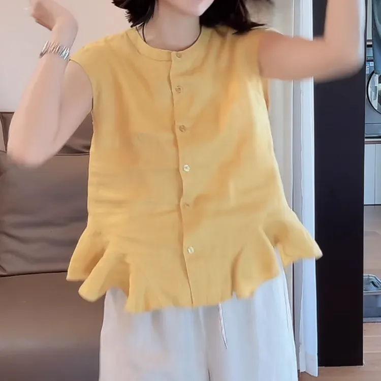 设计感荷叶下摆无袖衬衫2025夏季时尚单排扣马甲休闲纯色花边小衫