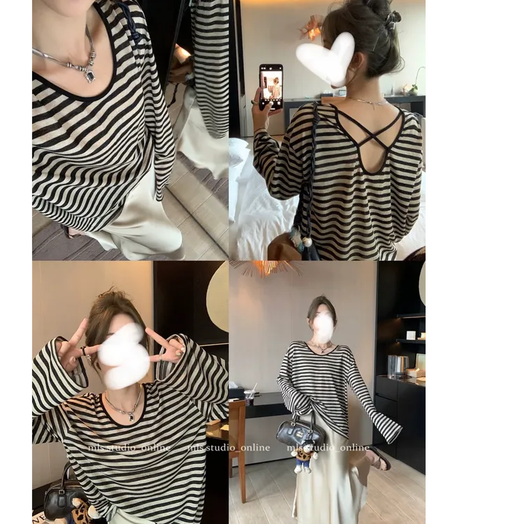 夏日防晒衫 后背镂空条纹T恤女宽松休闲大圆领长袖薄款上衣