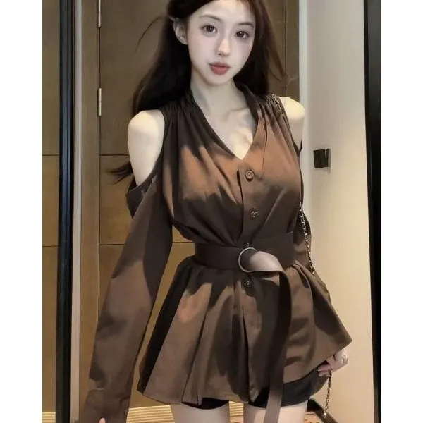 韩系设计感不规则露肩长袖衬衫女2025秋季收腰显瘦巨好看...