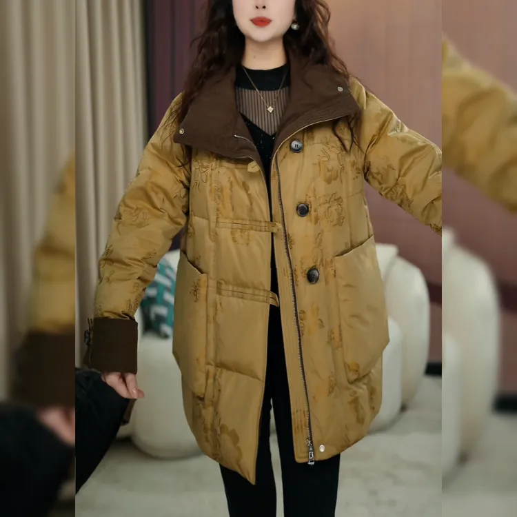 【慧可定制】2025冬季气质国风印花时尚中长款百搭保暖新款羽绒服女