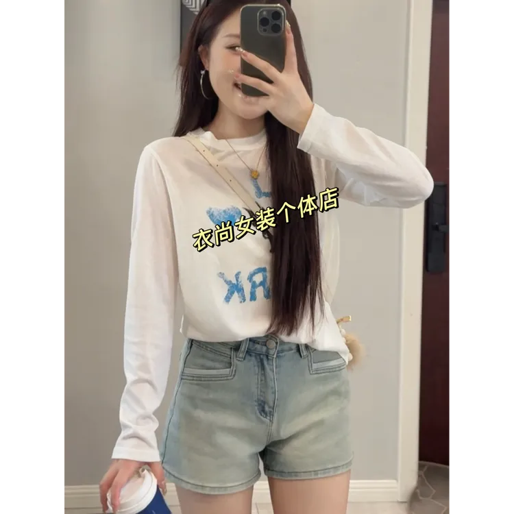 圆领涂鸦印花长袖T恤女2025早秋夏季甜辣妹防晒薄款罩衫上衣