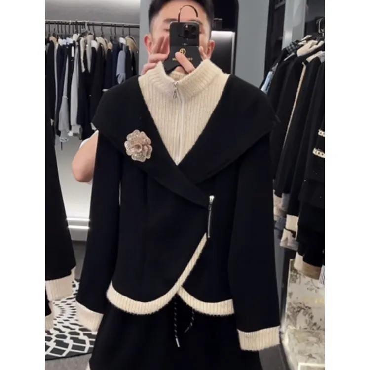 立体花朵拼接假两件加绒保暖卫衣女冬季新款时尚设计感立领上衣潮