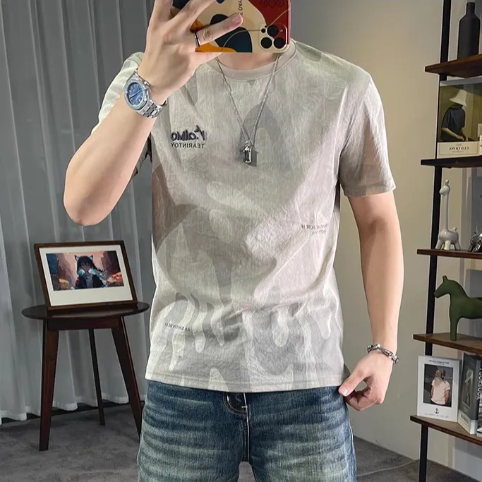 男短袖2025夏季新款男士字母印花半袖衫圆领棉麻修身T恤