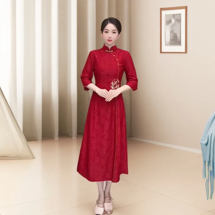 【珠联璧合】中国风秋季红色高贵旗袍裙气质修身显瘦复古中长款A16