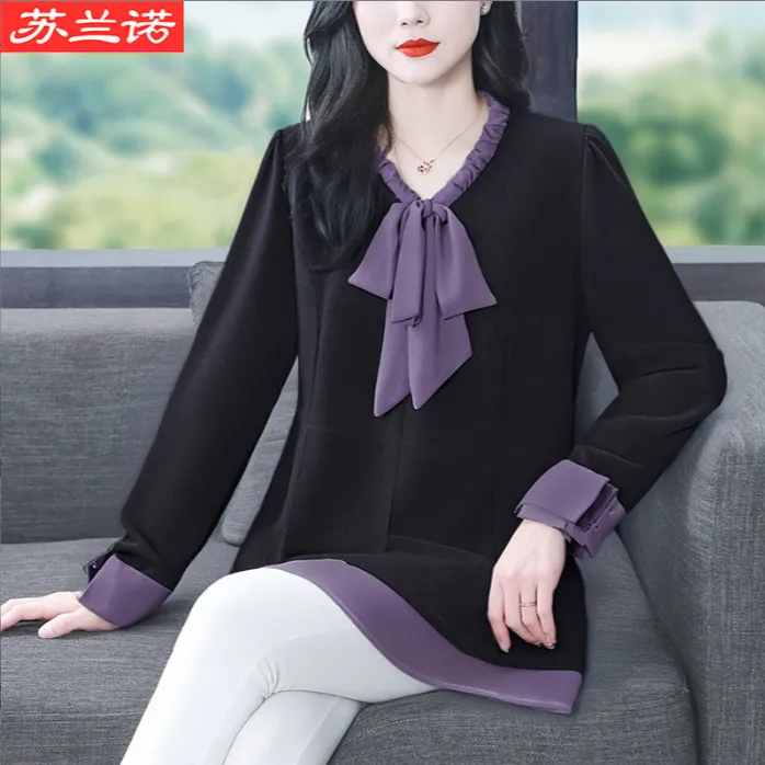 苏兰诺秋季新款大码气质洋气显瘦休闲宽松蝴蝶结百搭上衣ZB6559