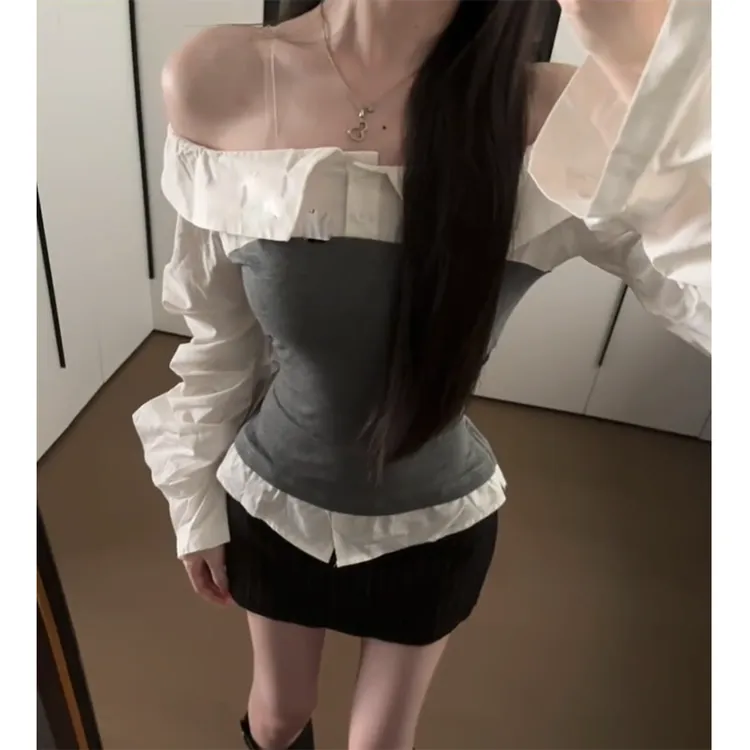 韩系穿搭女士一字肩长袖金秘书时尚衬衫上衣显瘦气质纯欲包臀裙