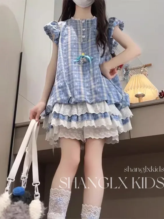 女童别致裙子泡泡袖格子连衣裙儿童学院风蛋糕裙夏季2025新款大童