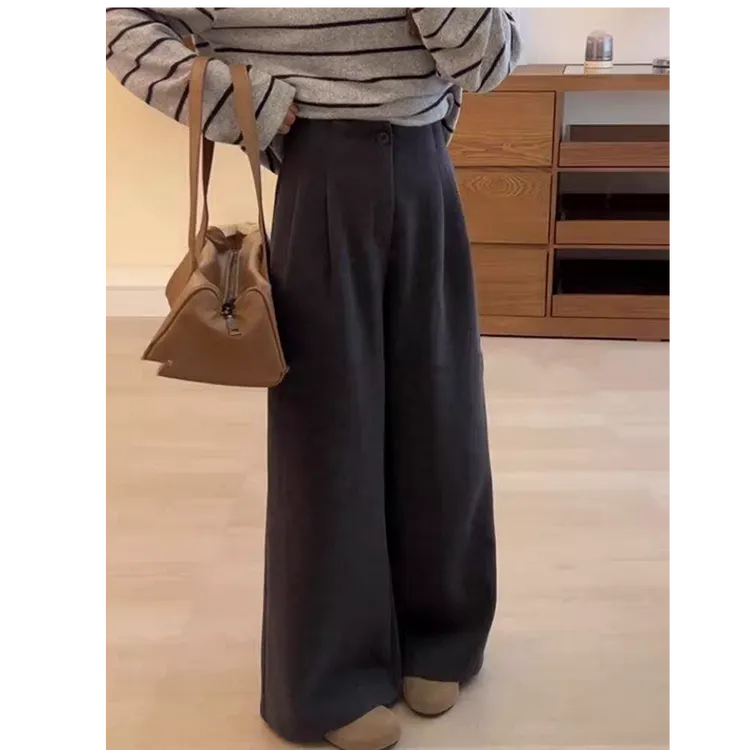 运费险】慵懒高级感灰色毛呢裤子女款高腰直筒裤阔腿裤