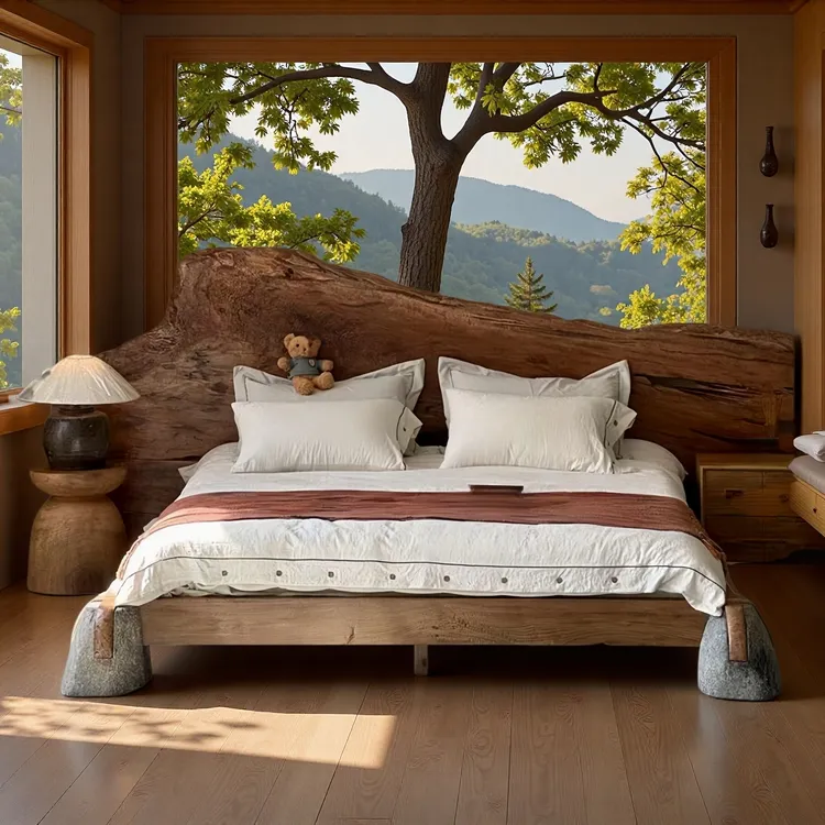 侘寂风全实木床原木风工厂直销现代简约简易双人床1米8原木榻榻米