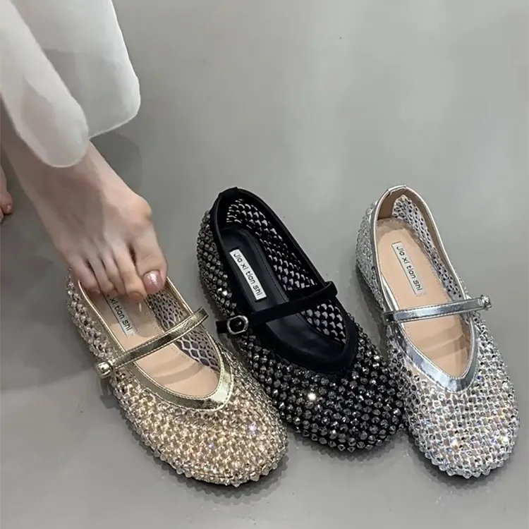 内增高银色镂空满水钻渔夫网面夏2025爆款一脚蹬凉鞋一字带单鞋子