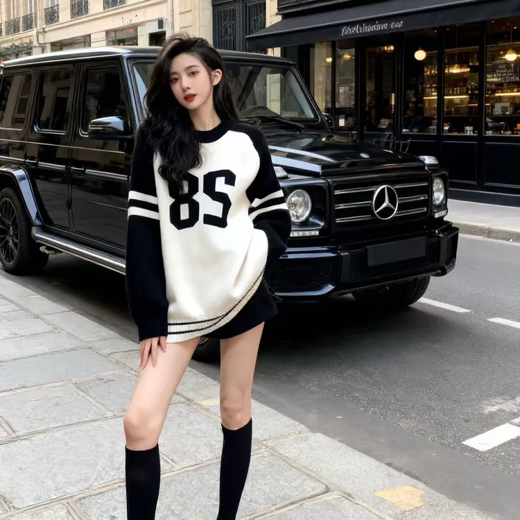 网红慵懒风卫衣女春秋冬撞色圆领宽松时尚设计感百搭条纹休闲上衣